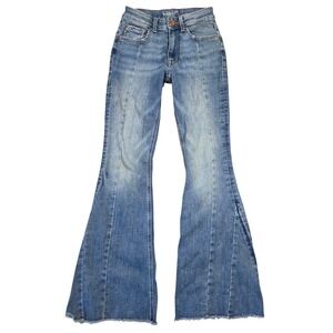 Edgely High Rise Flare Jeans Blue Raw Hem Front Seam 0 Boho Casual Western